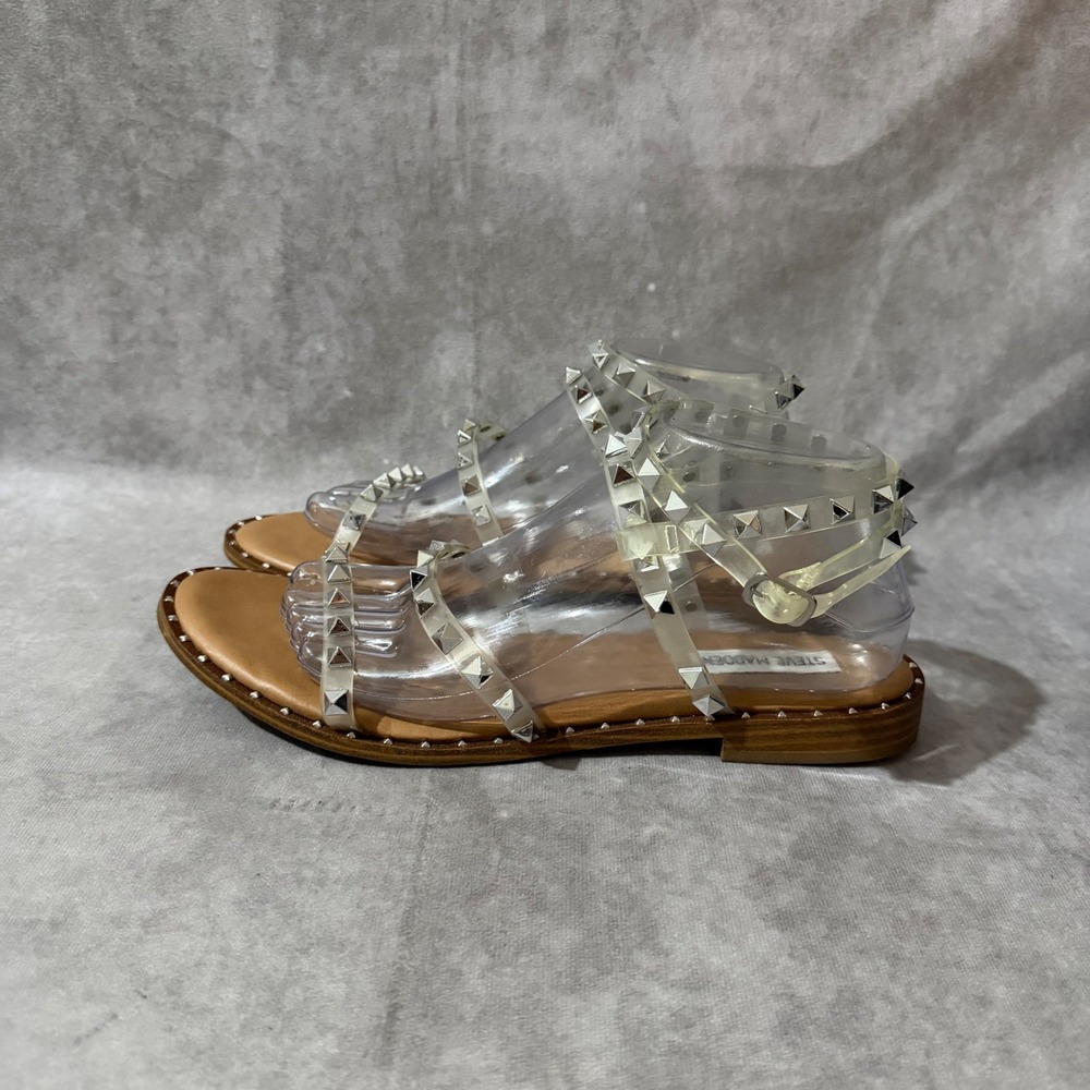 Steve Madden Travel Sandals Womens Size 10 Clear Tan Studded Gladiator Flats